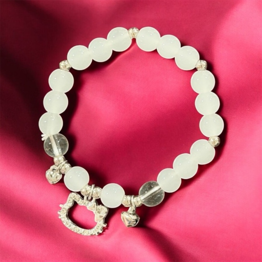 Hello Kitty Silver Tone Beaded Bracelet | White Cloudy Beads Kawaii
